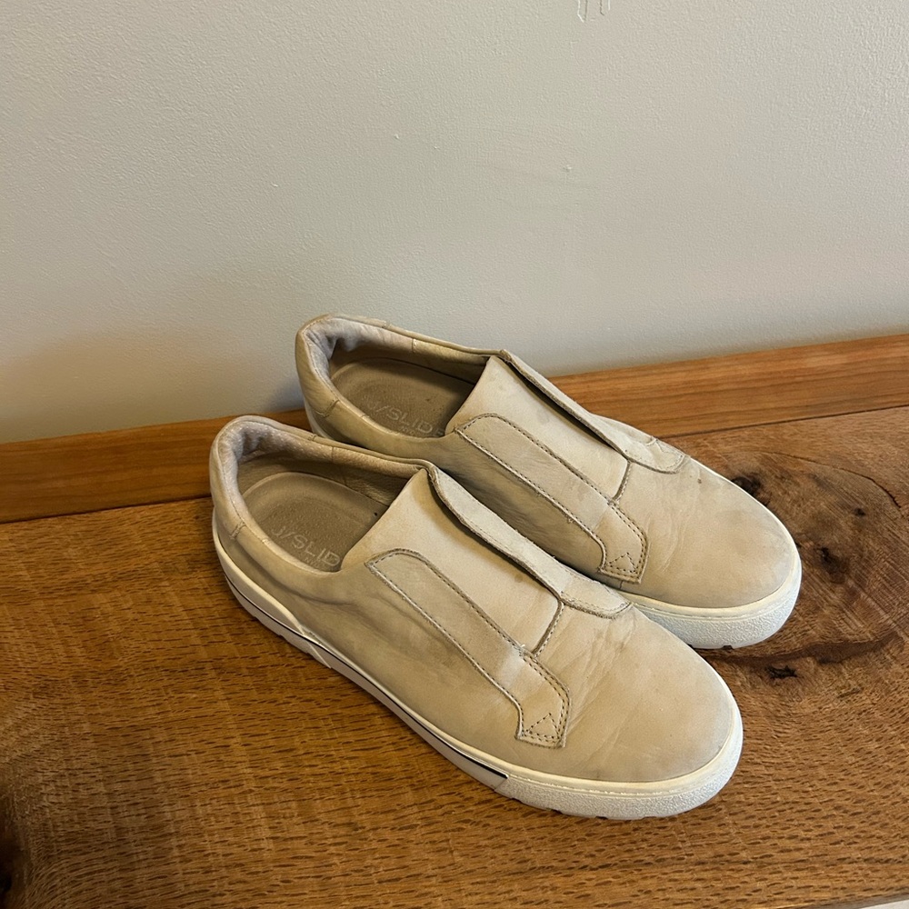 J/SLIDES Taupe Slip On Platform Shoes